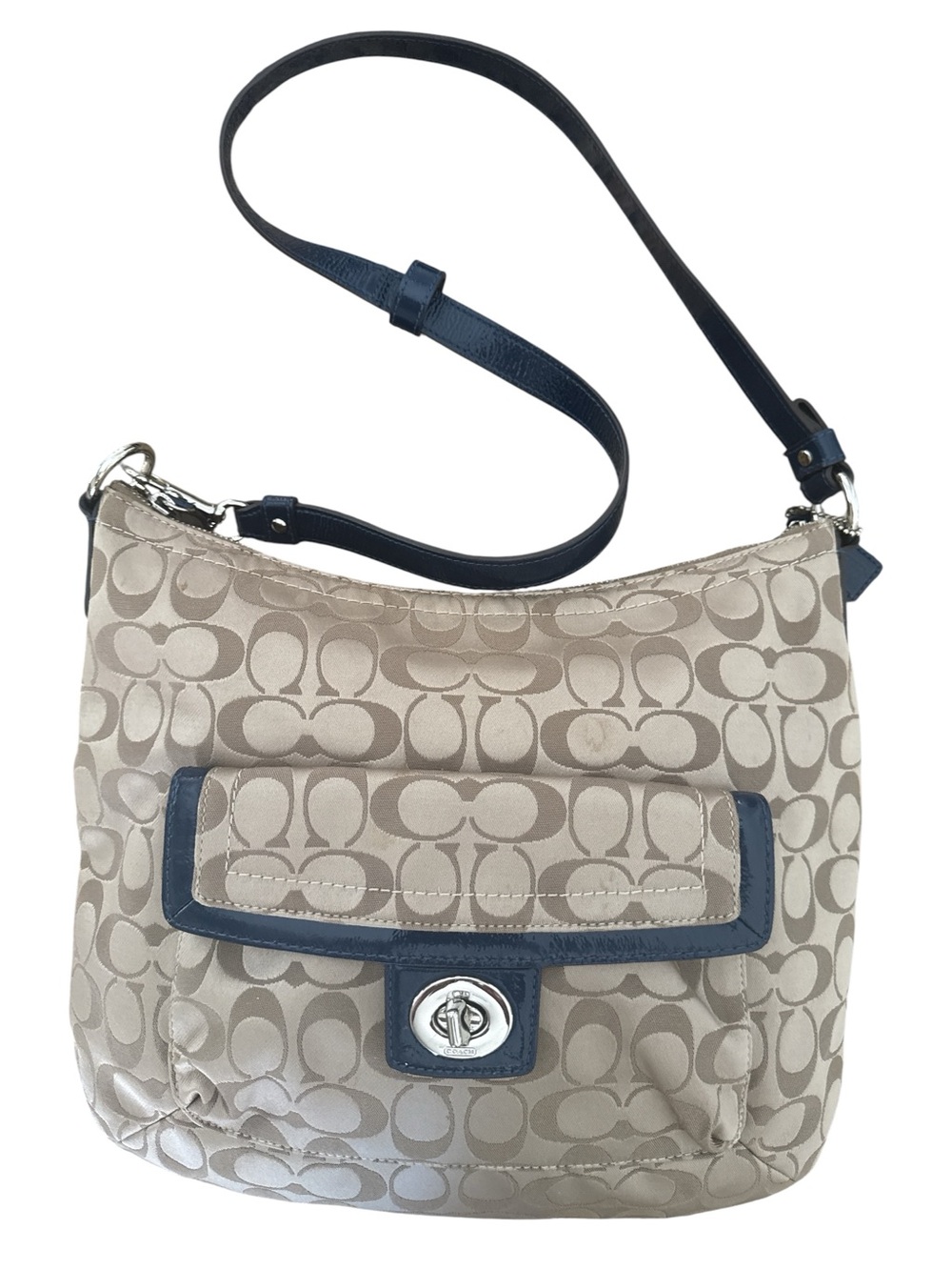 Coach F19232 Tan Signature Canvas Crossbody with Navy Trim - Picture 2 of 15